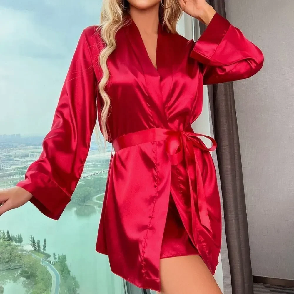 Babydoll Lingerie+Robe Set Women Satin Lace Bathrobe Long Sleeve Robe Nightgown